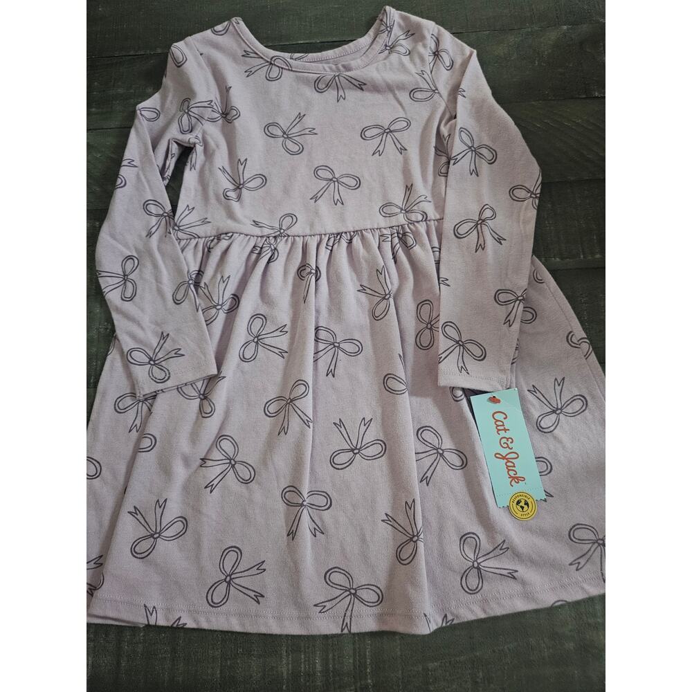 Cat & Jack Girls Purple Ribbon Bow Dress Size 5T NWT Long Sleeves Cotton/Poly
